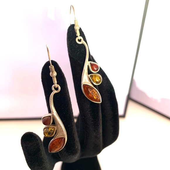 Silver tri-color amber earrings - Picture 1 of 3